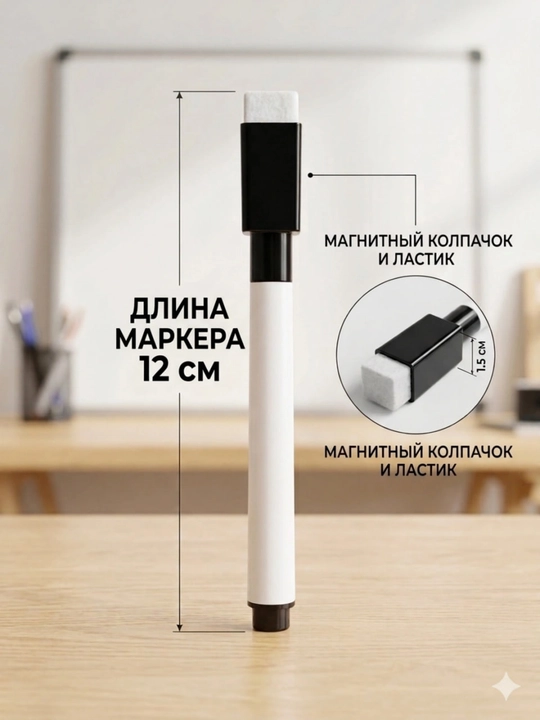 Магнитные маркеры для доски с колпачком-стирателем, 8 шт., черные