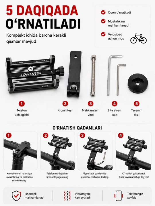 Velosiped va samokat uchun telefon uchun ushlagich, universal va ishonchli