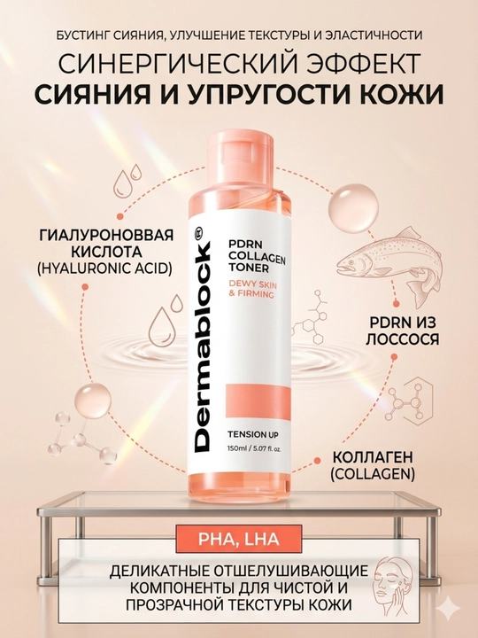 Dermablock Тонер для лица с PDRN и коллагеном для сияния кожи, 150 мл