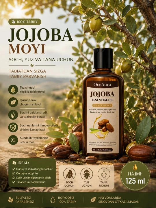 Jojoba moyi - soch, yuz va teri parvarishi uchun tabiiy moy, ajinlarga qarshi