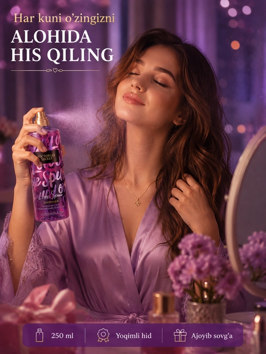 Parfyumlangan tana spreyi suvi Victoria's Secret Spreyi Aqua Kiss Rush, Shimmer, 250 ml