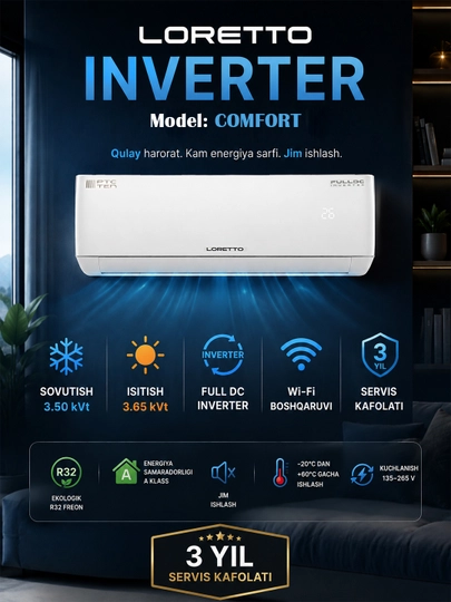 Konditsioner LORETTO Comfort FULL DC Inverter, Wi-Fi, R32 freon, PTC TEN - 