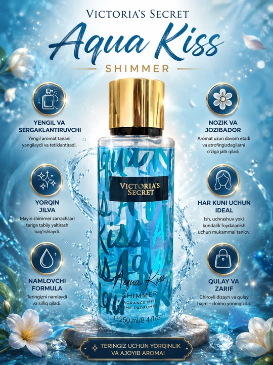 Спрей для тела, Парфюмированная Victorias Secret, Aqua Kiss Rush, Shimmer, Mist, 250 мл