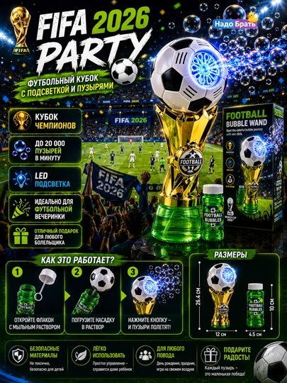 Машина для мыльных пузырей Футбольный Кубок FIFA 2026 стиль пузыремет со светом — NADOBRA-FIFACUPBUBLEMACHINE-БЕЛЫЙ