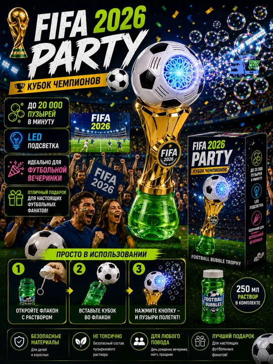 Futbol kubogi sovun pufak mashinasi FIFA 2026 uslubida LED chiroqli