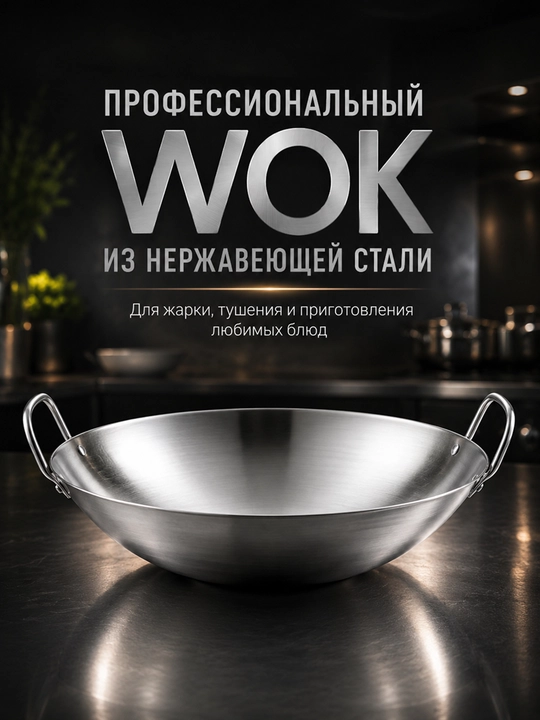 Ikki tutqichli nerjavayka WOK skovorodkasi – qovurish, dimlash va pishirish uchun