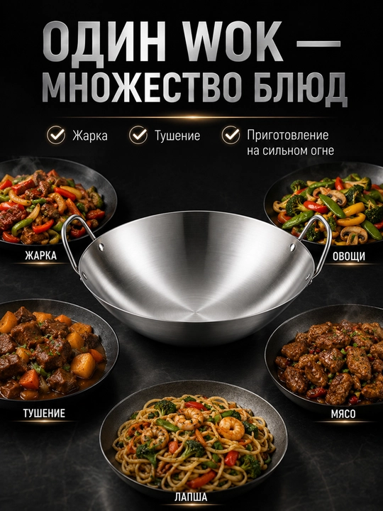 Ikki tutqichli nerjavayka WOK skovorodkasi – qovurish, dimlash va pishirish uchun
