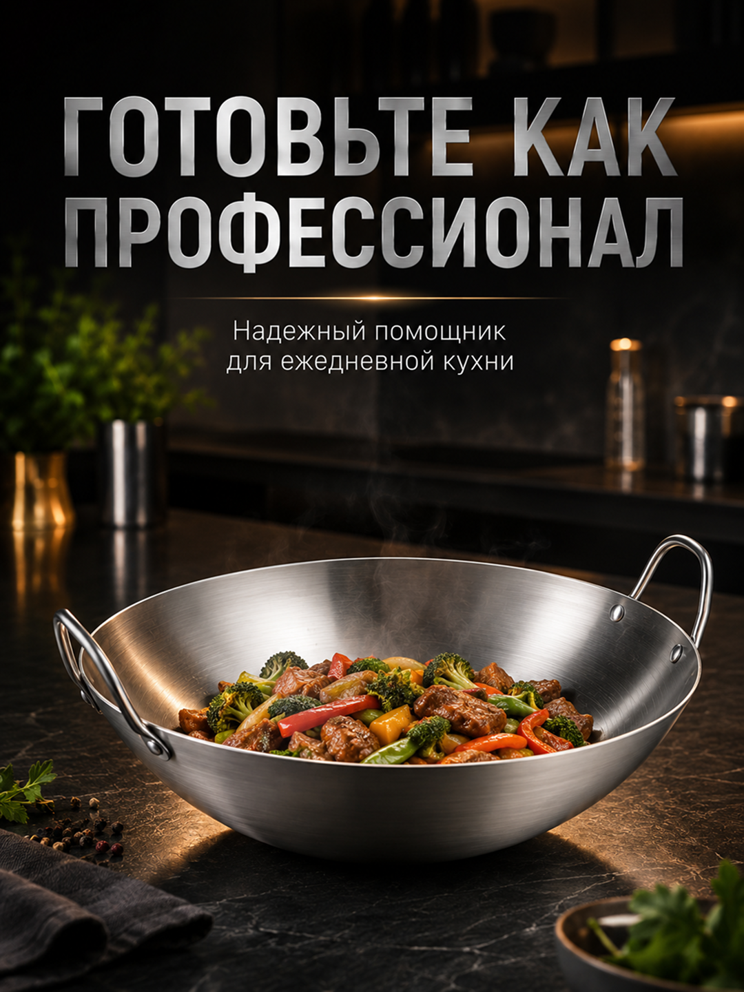 Ikki tutqichli nerjavayka WOK skovorodkasi – qovurish, dimlash va pishirish uchun