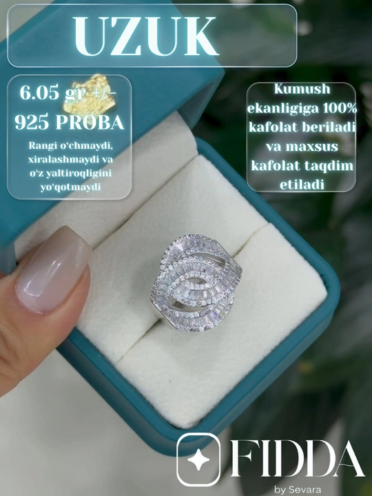 925 probali kumush uzuk ayollar uchun, fianitli ko'zli uzuk, zamonaviy  kumush 925 proba - 