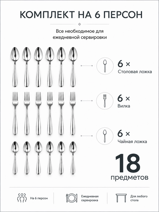 Набор столовых приборов, 18 предметов на 6 персон