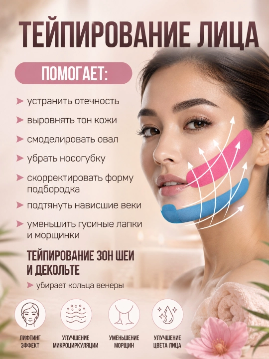 Кинезиотейп для лица и тела, косметологический, против морщин, для лица и тела