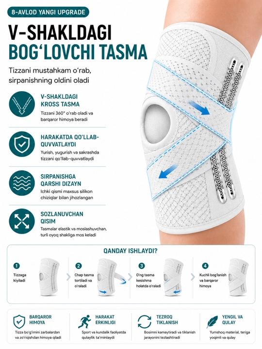Tasmali sport tizzaband, tizza uchun elastik bandaj, ortopedik, bo‘g‘imlar uchun