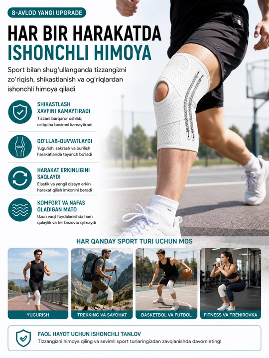 Tasmali sport tizzaband, tizza uchun elastik bandaj, ortopedik, bo‘g‘imlar uchun