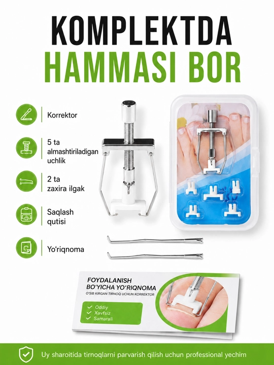 Kirib ketgan tirnoqni tuzatish uchun korrektor va qo‘shimchalar, kyuretka va yostiqchalar to‘plami