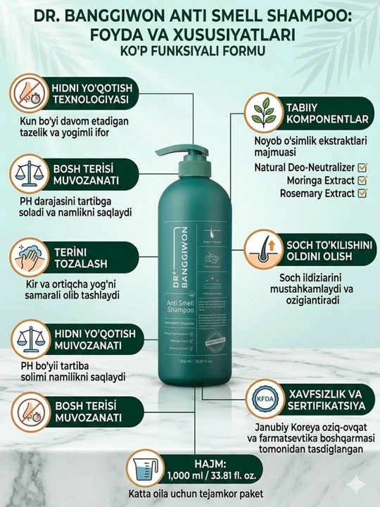 Shampun Anti Smell, 1000 ml, hidlanish va soch to‘kilishiga qarshi - 