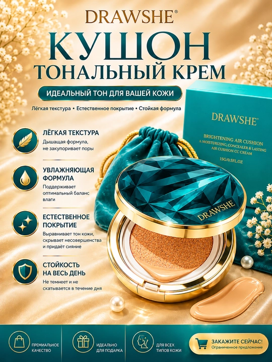 Кушон тональный крем, cushion foundation, тон для лица, увлажняющий кушон - 