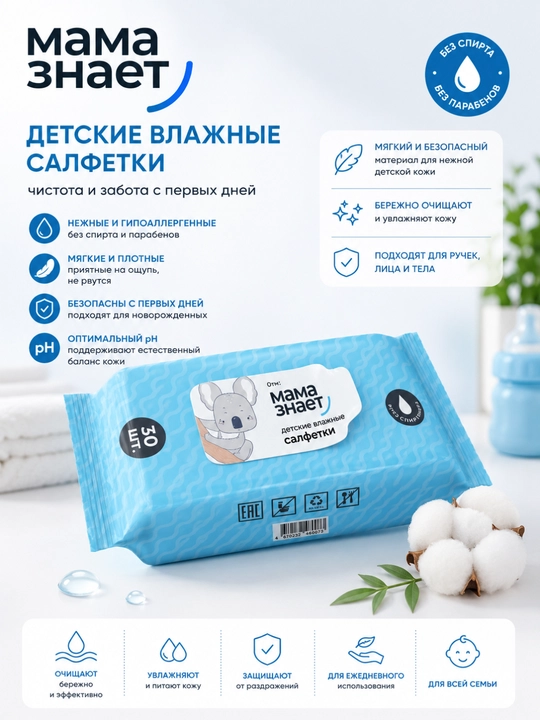 Детские влажные салфетки Мама знает, гипоаллергенные, 0+ - 