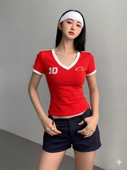 Ayollar uchun qizil V yoqali sport uslubidagi futbolka, top ayollar uchun - 