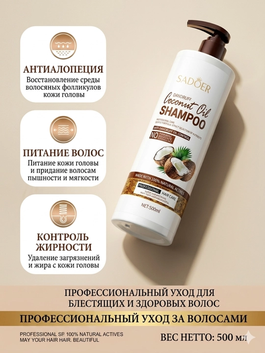 Kokos moyi qo'shilgan shampun, dush uchun gel, mayin tozalash  yoqimli ifor SADOER, 500 ml
