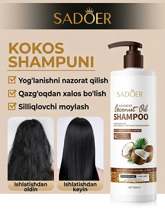 Kokos moyi qo'shilgan shampun, dush uchun gel, mayin tozalash  yoqimli ifor SADOER, 500 ml