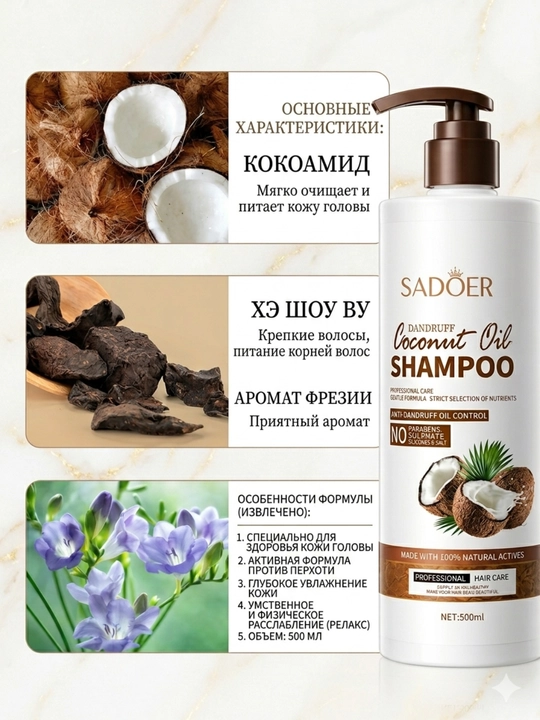 Kokos moyi qo'shilgan shampun, dush uchun gel, mayin tozalash  yoqimli ifor SADOER, 500 ml