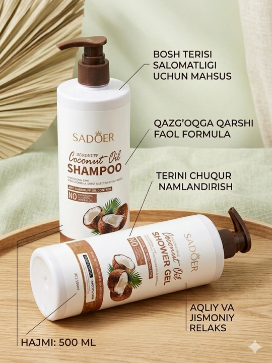 Kokos moyi qo'shilgan shampun, dush uchun gel, mayin tozalash  yoqimli ifor SADOER, 500 ml