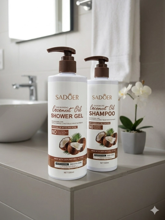 Kokos moyi qo'shilgan shampun, dush uchun gel, mayin tozalash  yoqimli ifor SADOER, 500 ml