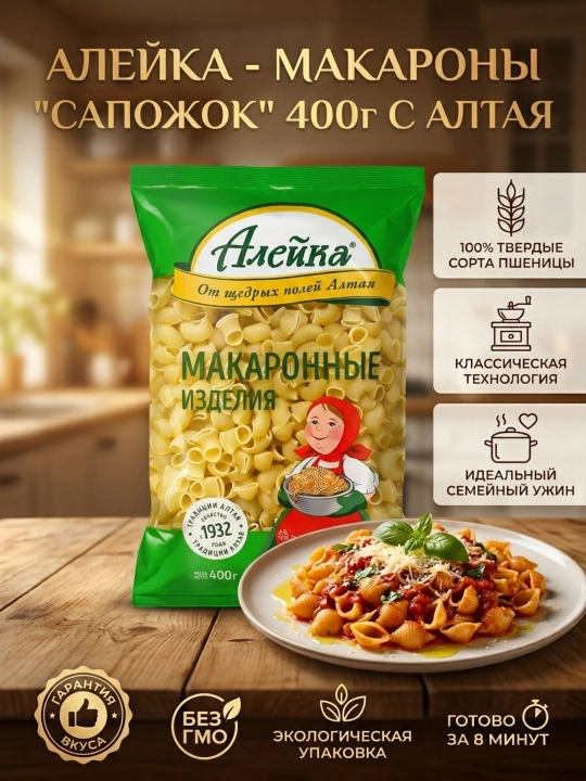 Макароны Алейка Сапожок 400 г, высший сорт, натуральный продукт для всей семьи - 
