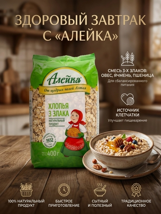 Хлопья Алейка «3 злака» (овес, ячмень, пшеница), натуральные, 400 г - 