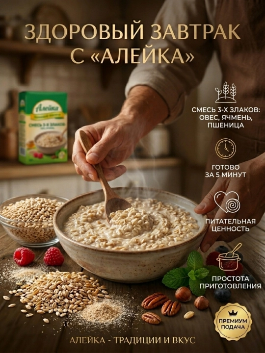 Хлопья Алейка «3 злака» (овес, ячмень, пшеница), натуральные, 400 г
