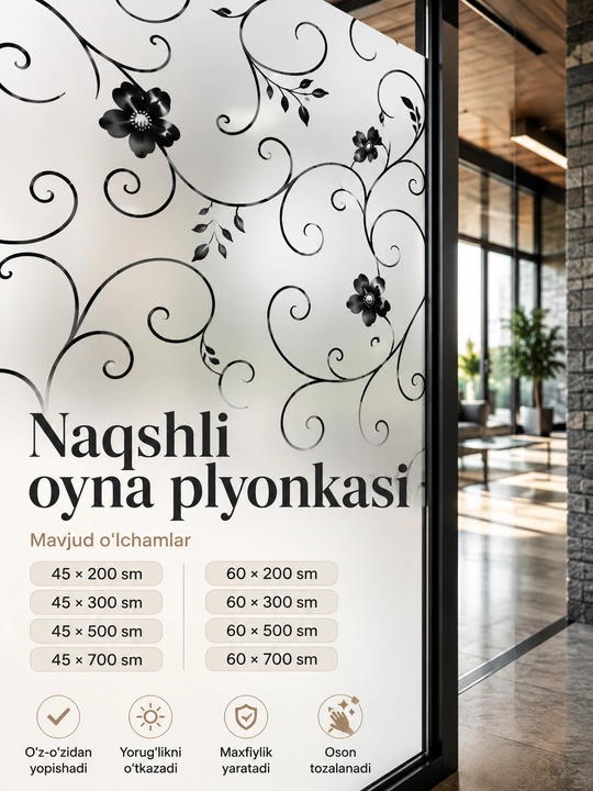 Deraza va oynalar uchun o‘z-o‘zidan yopishadigan naqshli dekorativ plyonka