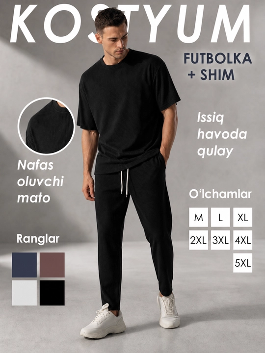 Erkaklar uchun ribrali kostyum, Oversayz futbolka va shim, 5XL gacha kostyum-ikkilik - 