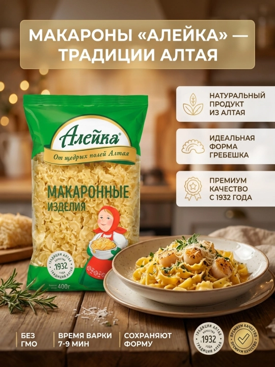 Макароны Алейка Гребешок 400 г, качественные изделия высшего сорта для всей семьи - 