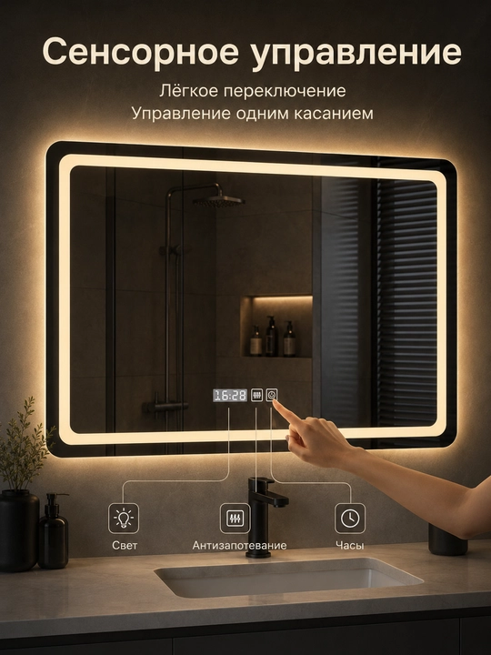 LED зеркало для ванной 50x70 60x80 3 цвета подсветки сенсор антизапотевание часы