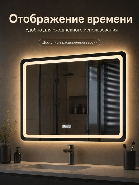 LED зеркало для ванной 50x70 60x80 3 цвета подсветки сенсор антизапотевание часы