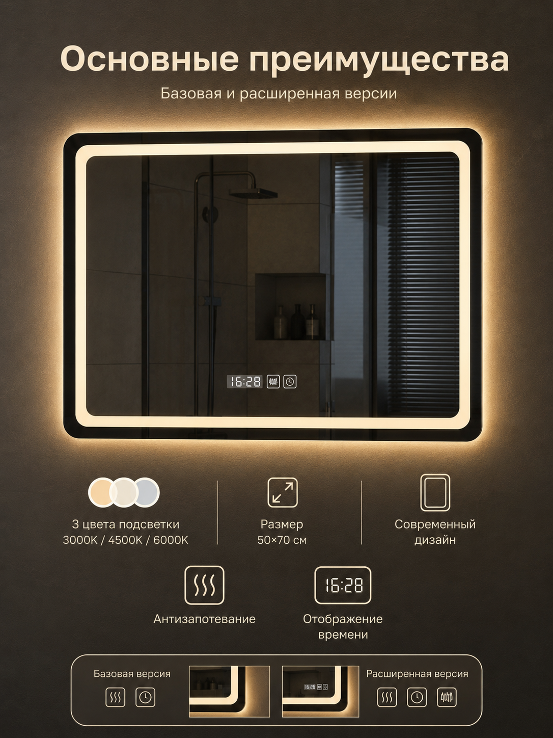 LED зеркало для ванной 50x70 60x80 3 цвета подсветки сенсор антизапотевание часы