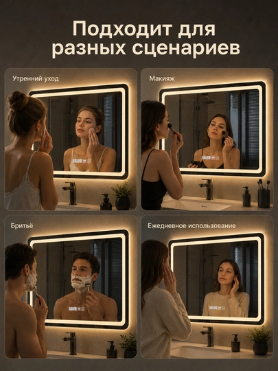 LED зеркало для ванной 50x70 60x80 3 цвета подсветки сенсор антизапотевание часы