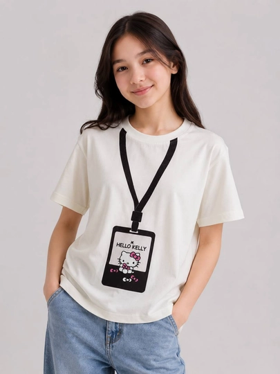 Qizlar uchun Hello Kelly printli paxtali futbolka, yozgi oq kofta 140-160 razmer - 