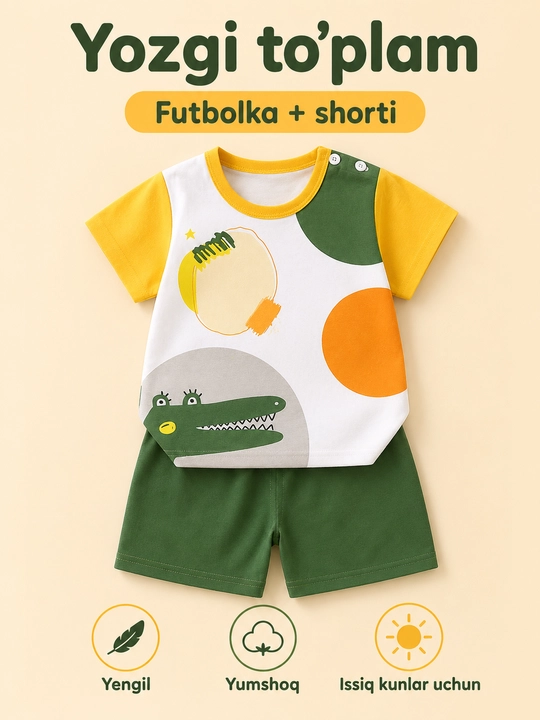 Bolalar yozgi to‘plami futbolka va shortik chaqaloqlar uchun