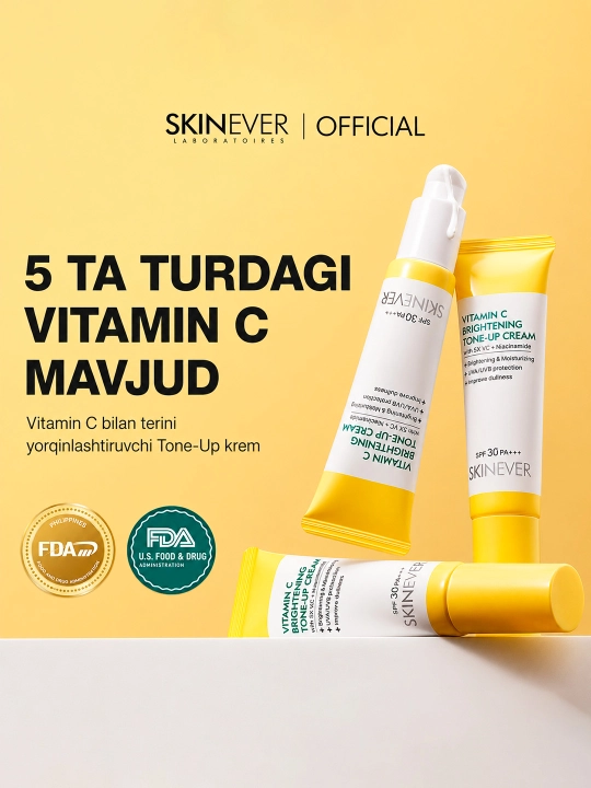 SKINEVER yuz uchun kunduzgi tone-up kremi: 5X Vitamin C + Niasinamid, SPF 30 PA+++, 30g