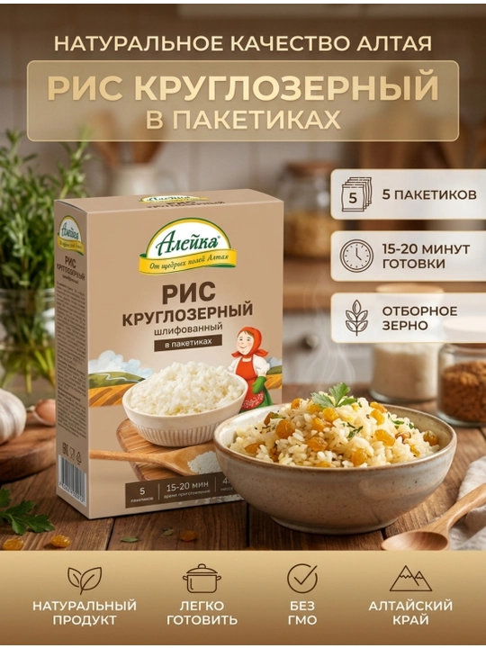 Натуральный круглозерный шлифованный рис Алейка , в порционных пакетиках, 400г - 