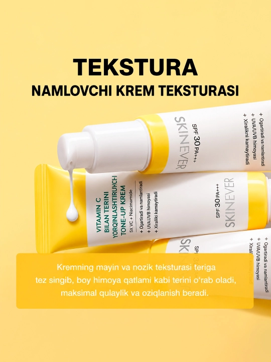 SKINEVER yuz uchun kunduzgi tone-up kremi: 5X Vitamin C + Niasinamid, SPF 30 PA+++, 30g