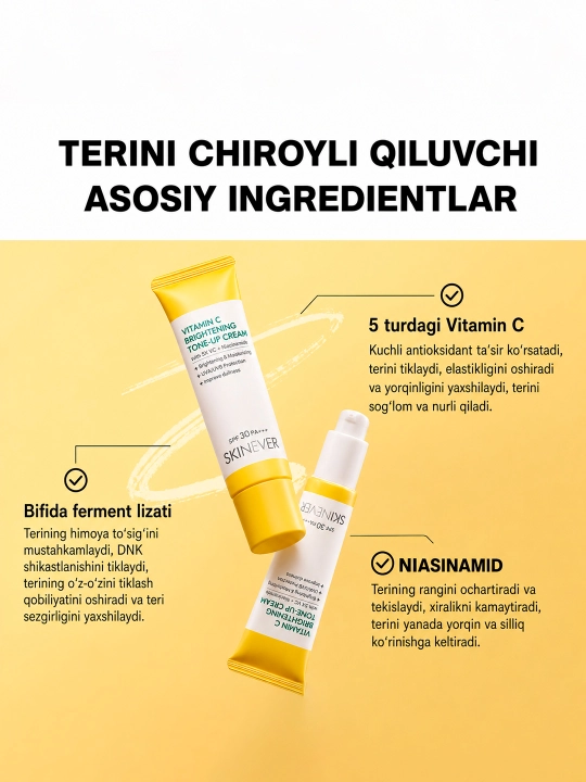 SKINEVER yuz uchun kunduzgi tone-up kremi: 5X Vitamin C + Niasinamid, SPF 30 PA+++, 30g