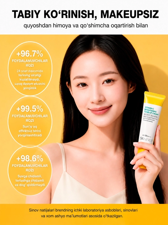 SKINEVER yuz uchun kunduzgi tone-up kremi: 5X Vitamin C + Niasinamid, SPF 30 PA+++, 30g