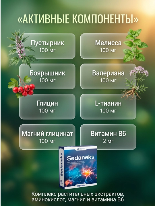 Sedaneks stress, asab va uyqu uchun magniy, glitsin va L-tianin №30, Damaar