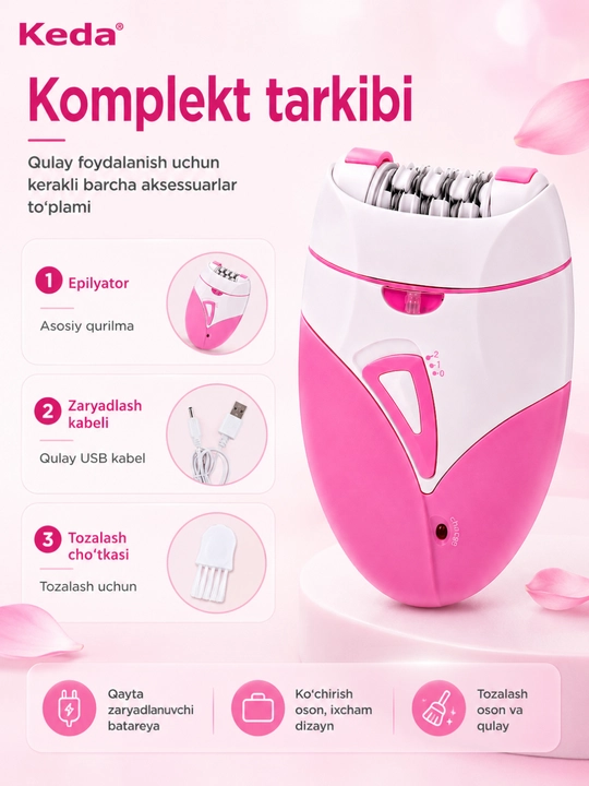 Epilyator Keda KD-189A, Ayollar uchun Elektr Epilyator, Rechargeable Lady Shaver