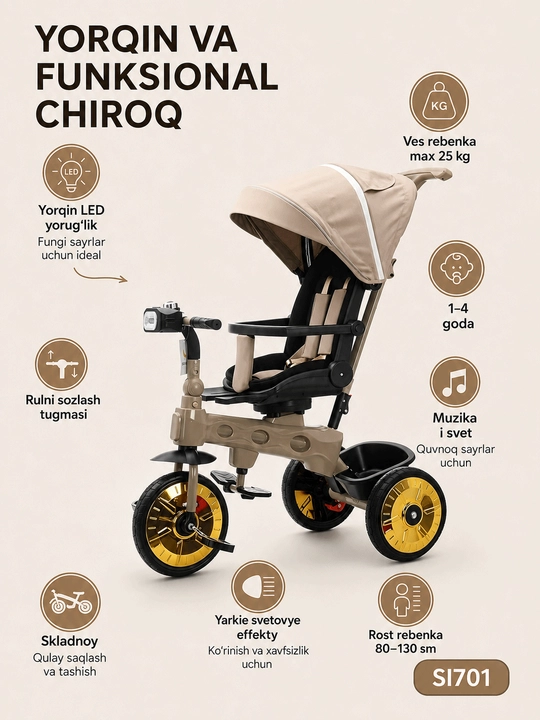 Bolalar velosiped-kolyaska 360°, 1-6 yosh, musiqa va yorug‘lik, 50 kg gacha