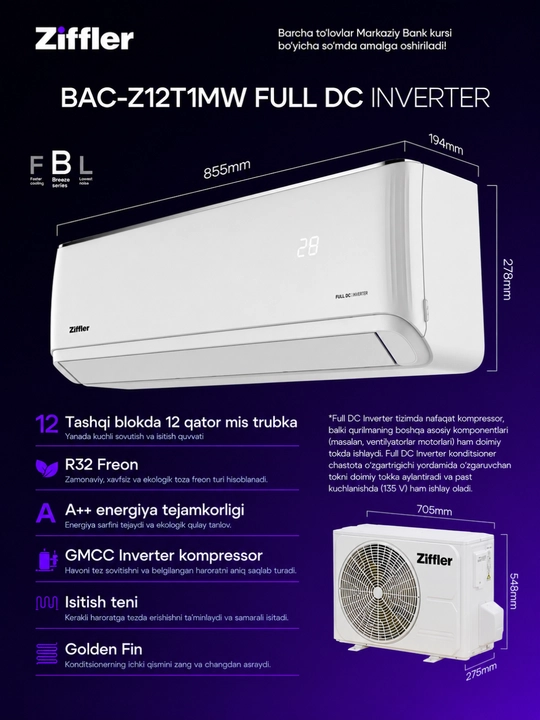 Ziffler 12 BTU Inverter Konditsioner R32 A++ - 