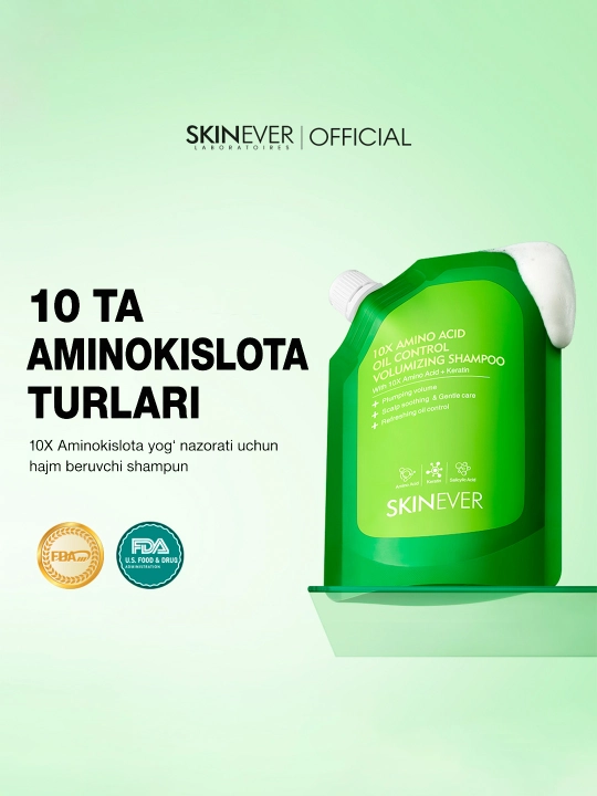SKINEVER Shampuni: 10X Aminokislotali hajm va yog'lilikka qarshi formula, 200 ml