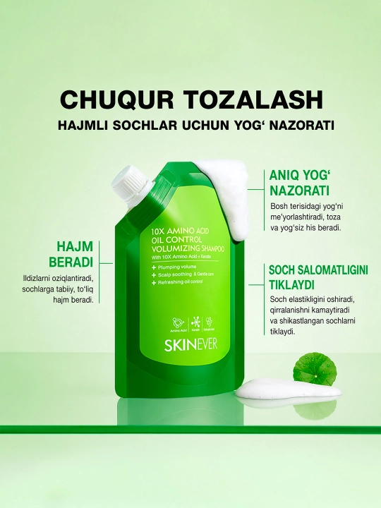 SKINEVER Shampuni: 10X Aminokislotali hajm va yog'lilikka qarshi formula, 200 ml